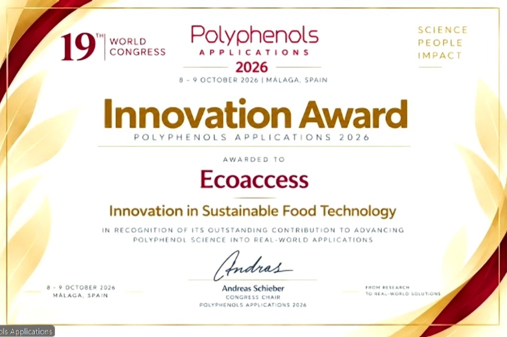 Innovation Award certificate awarded to Ecoaccess, Polyphenols Applications 2026